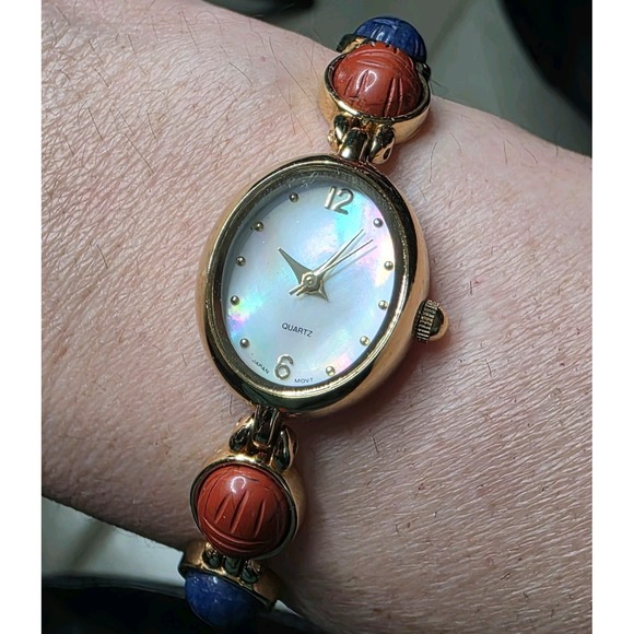 Egyptian Revival Scarab Watch Multi-Stone Mother Of Pearl Small 6in Petite Wrist